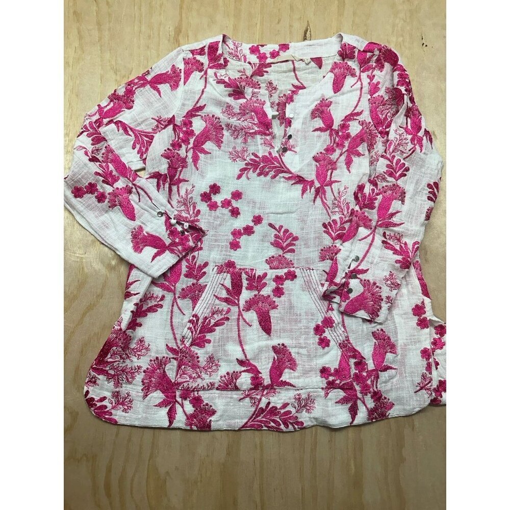 Soft Surrounding White Top Pink Embroidery Cotton Floral Tropical Boho Tunic L